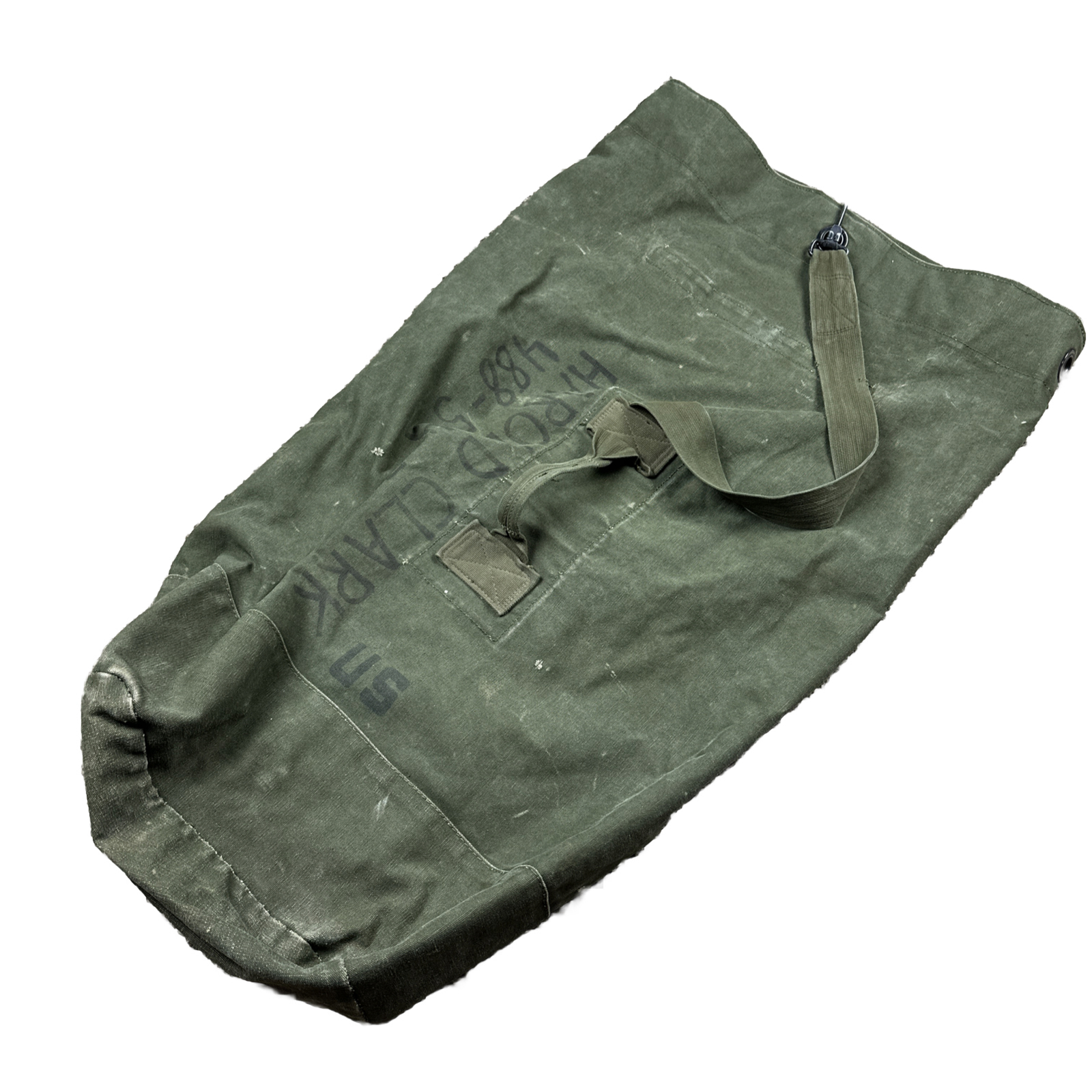 Vintage USAF Faded Green Stencil Named Duffle Bag US Army Military W/ Strap