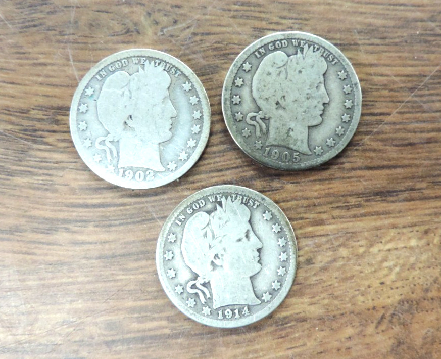 Lot (3) United States Barber Quarter Dollar Coins 1902 1905 1914