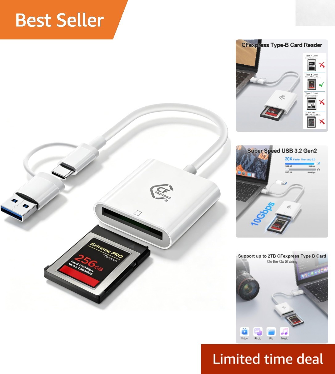 Elegant Dual USB & USB-C CFexpress Type B Reader for Instant Media Transfers