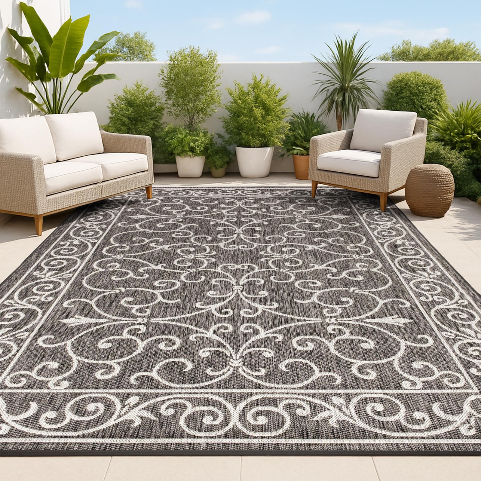 JONATHAN Y Vintage Filigree Indoor Outdoor Area Rug 8x10 Black/Gray Patio (SMB10