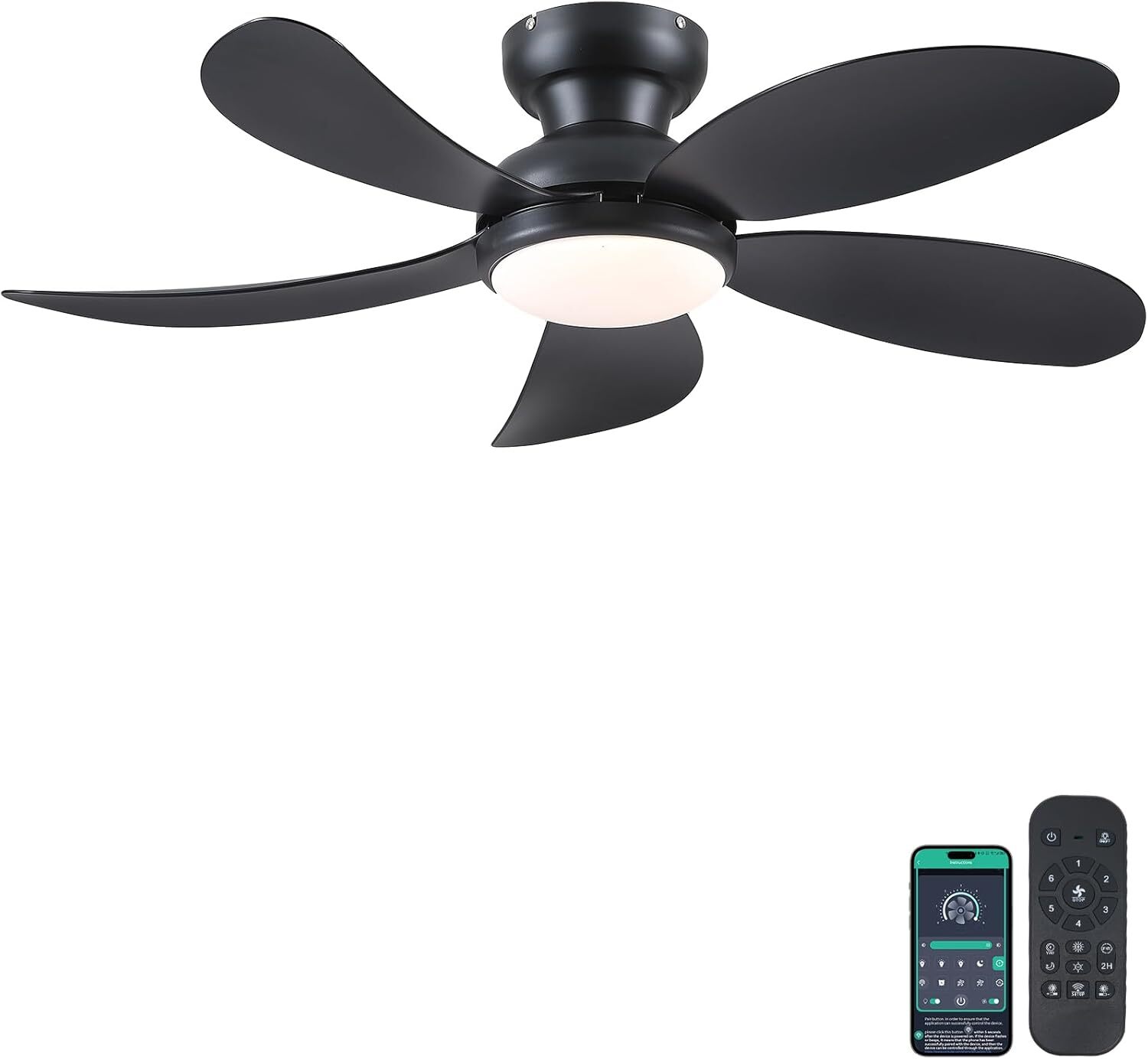 42” Black Low Profile Ceiling Fan with Light and Remote Control, Recessed
