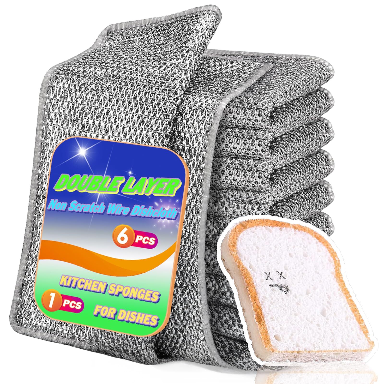 Non Scratch Wire Dishcloth 6 Pack With 1pcs Kitchen Sponges For Dishes Double La