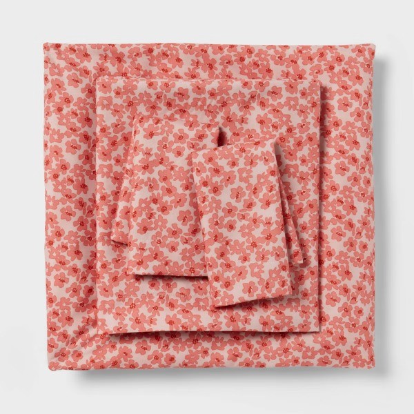 Queen Microfiber Sheet Set Pink Floral: Polyester, Peached Finish,4-Piece Set