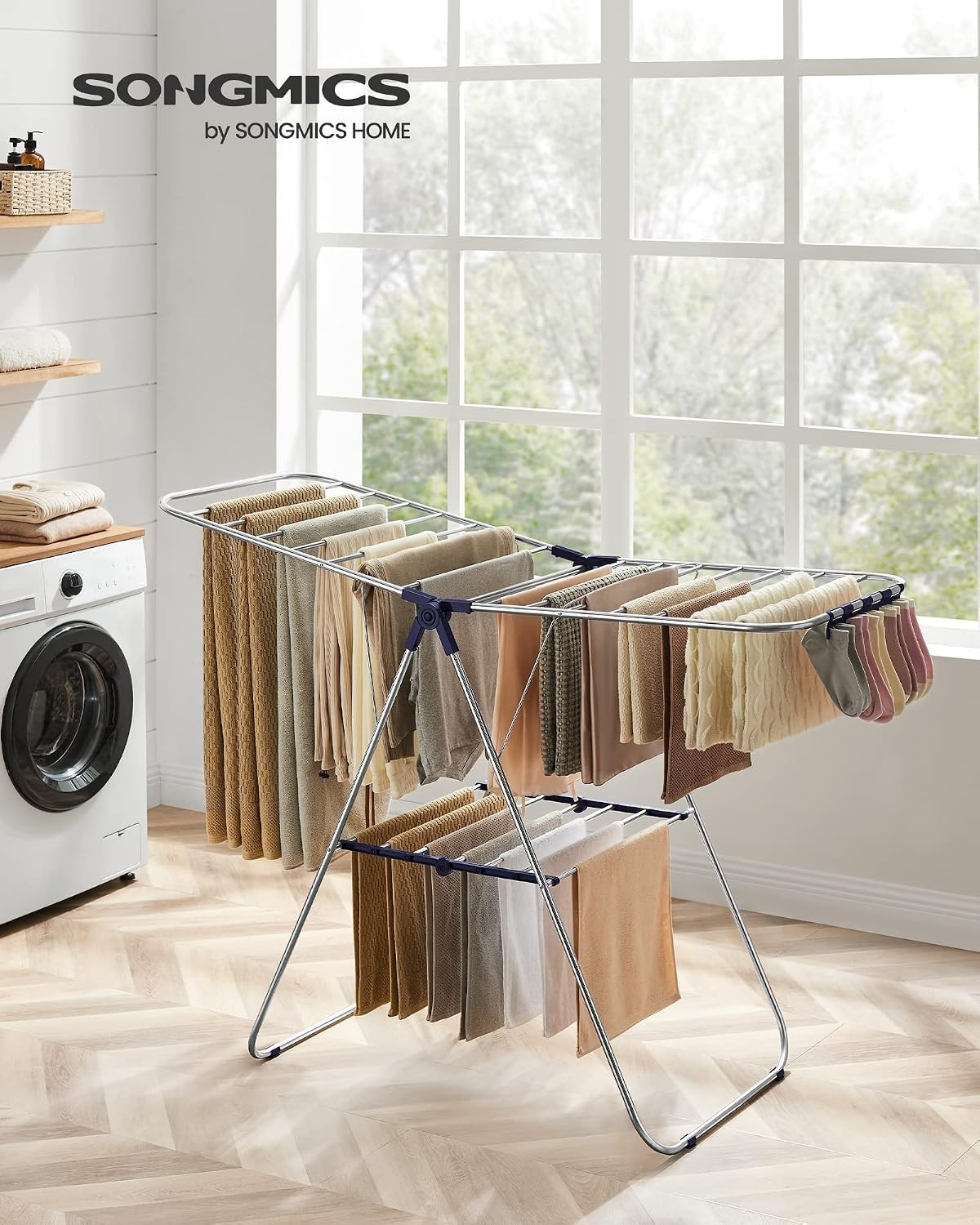 Foldable Metal Drying Rack with Adjustable Wings and Sock Clips