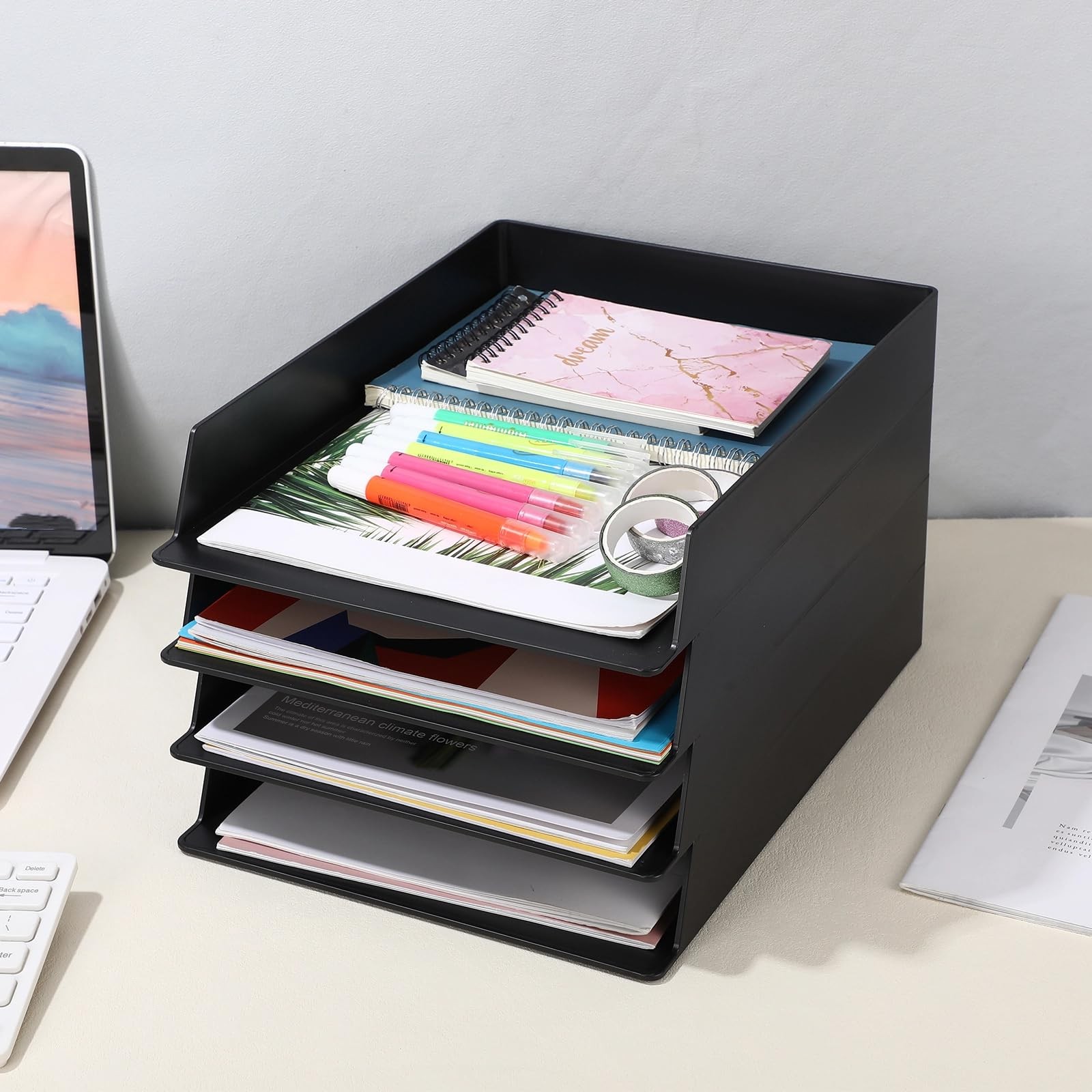 6 PCS Stackable Paper Trays Rectangular Plastic Desk Holder File Storage Black