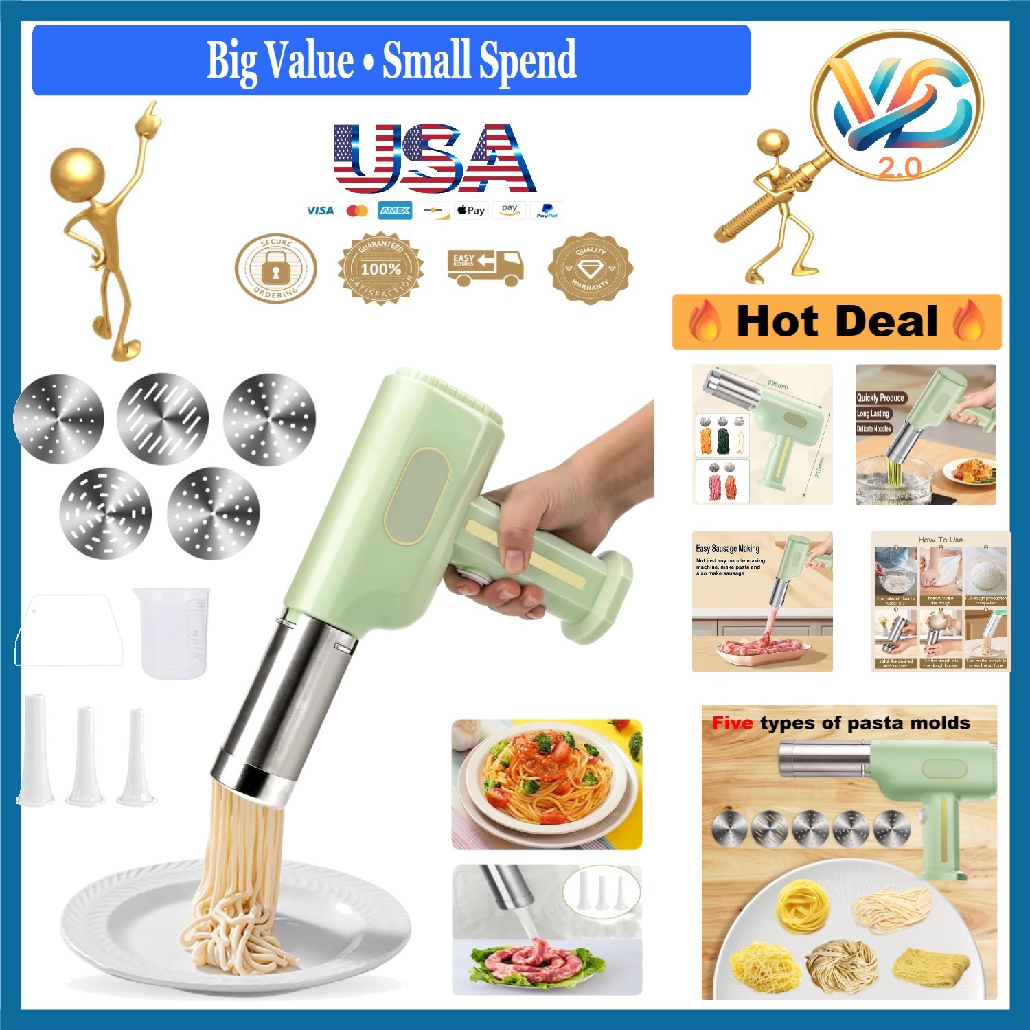 Avocado Electric Handheld Pasta Machine Cordless Noodle Maker Sausage Stuffer