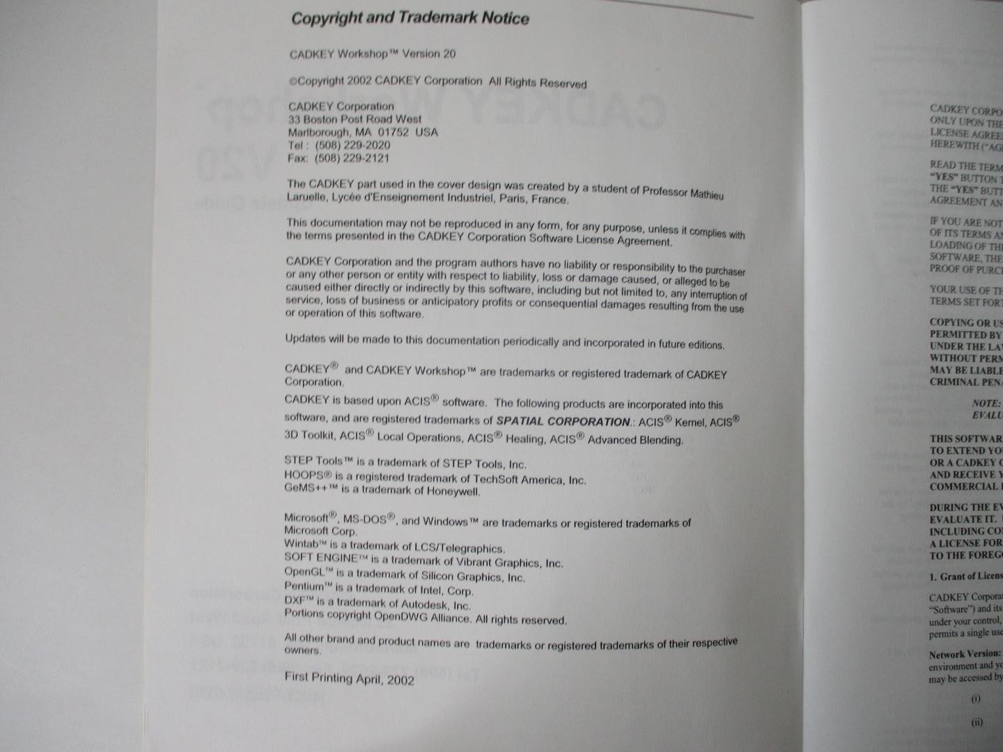 CADKEY Workshop Version 20 Software & Update Guide - Manufacturing Design (2002)