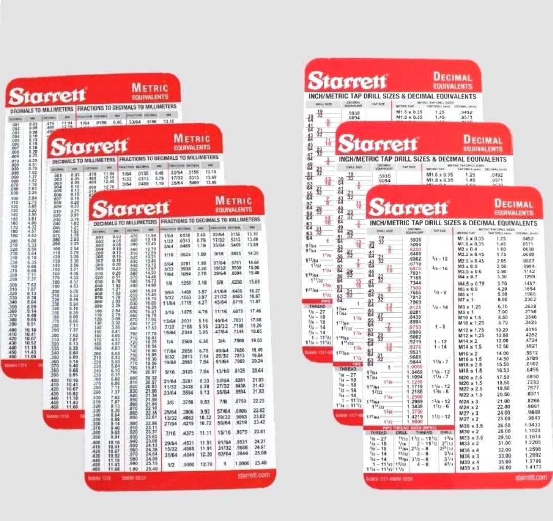 3 Sets Pocket Starrett Metric & Decimal Equivalents Chart Machinist Pocket Cards