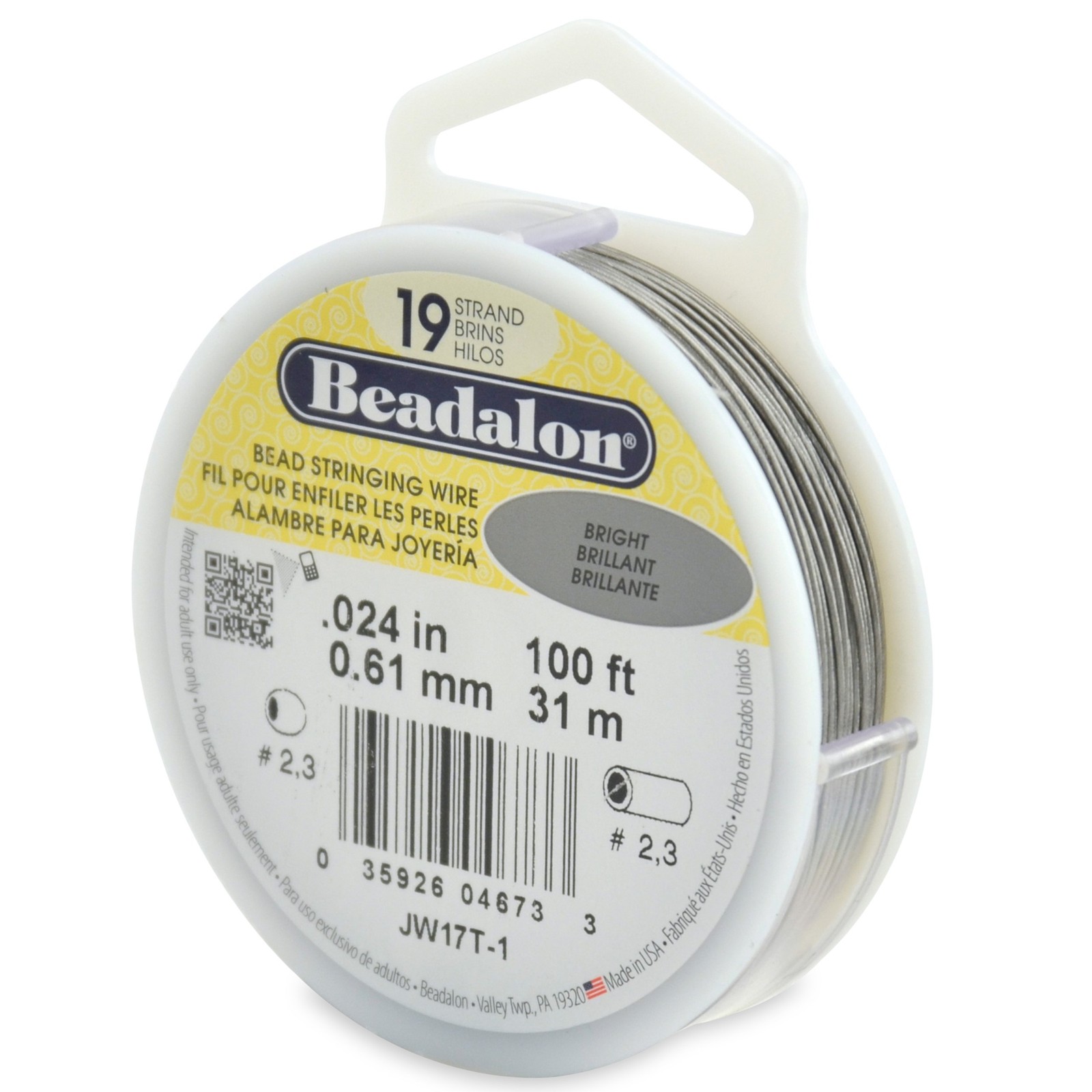 19 Strand Stainless Steel Bead Stringing Wire, .024 in / 0.61 mm, Bright, 100...