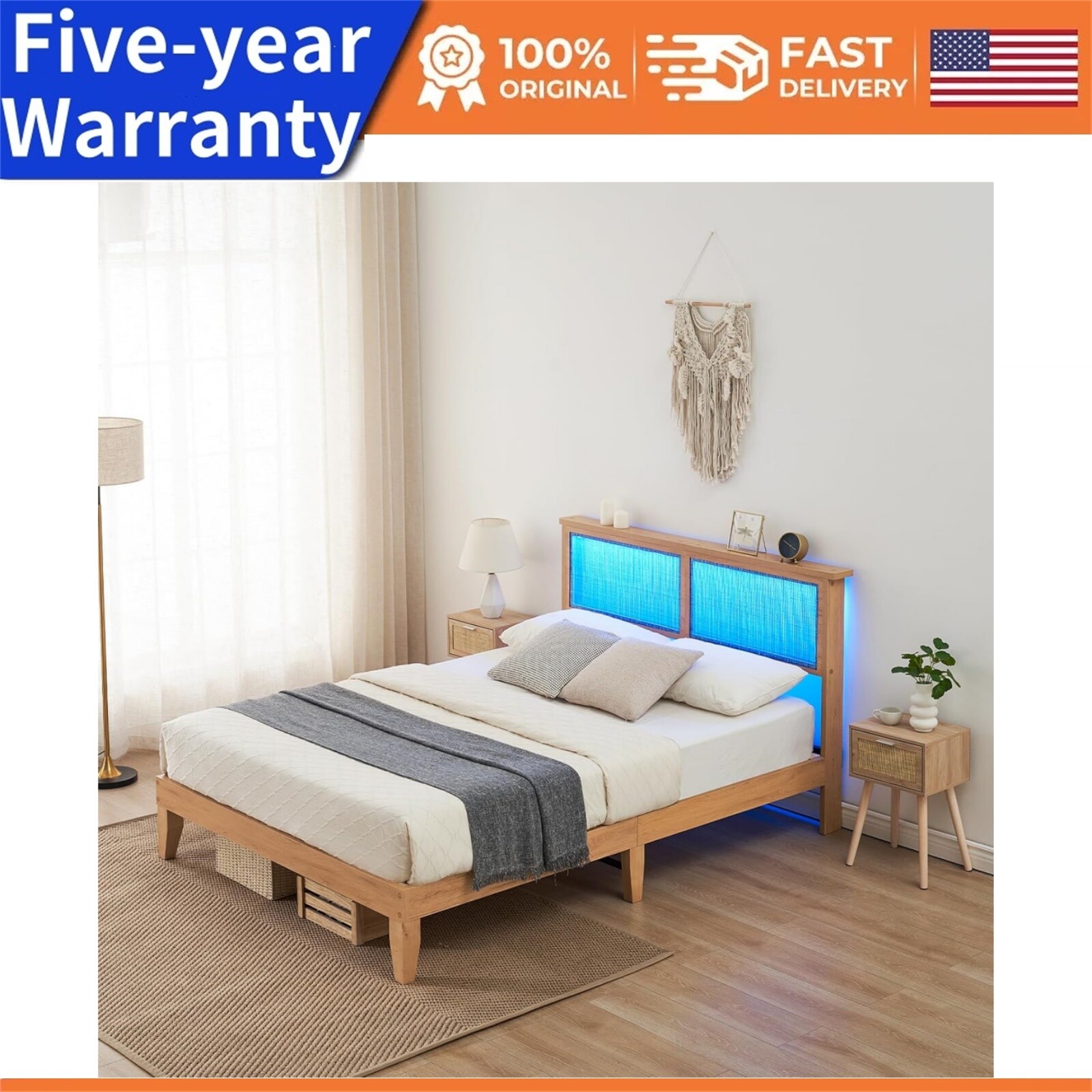 Full Size Bed Frame with Rattan Headboard Platform Bed Frame with LED Lights