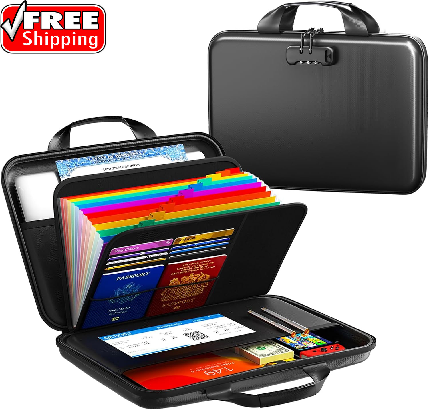 Fireproof Document Organizer with Lock, Rigid EVA File Box with 13-Pocket Accord