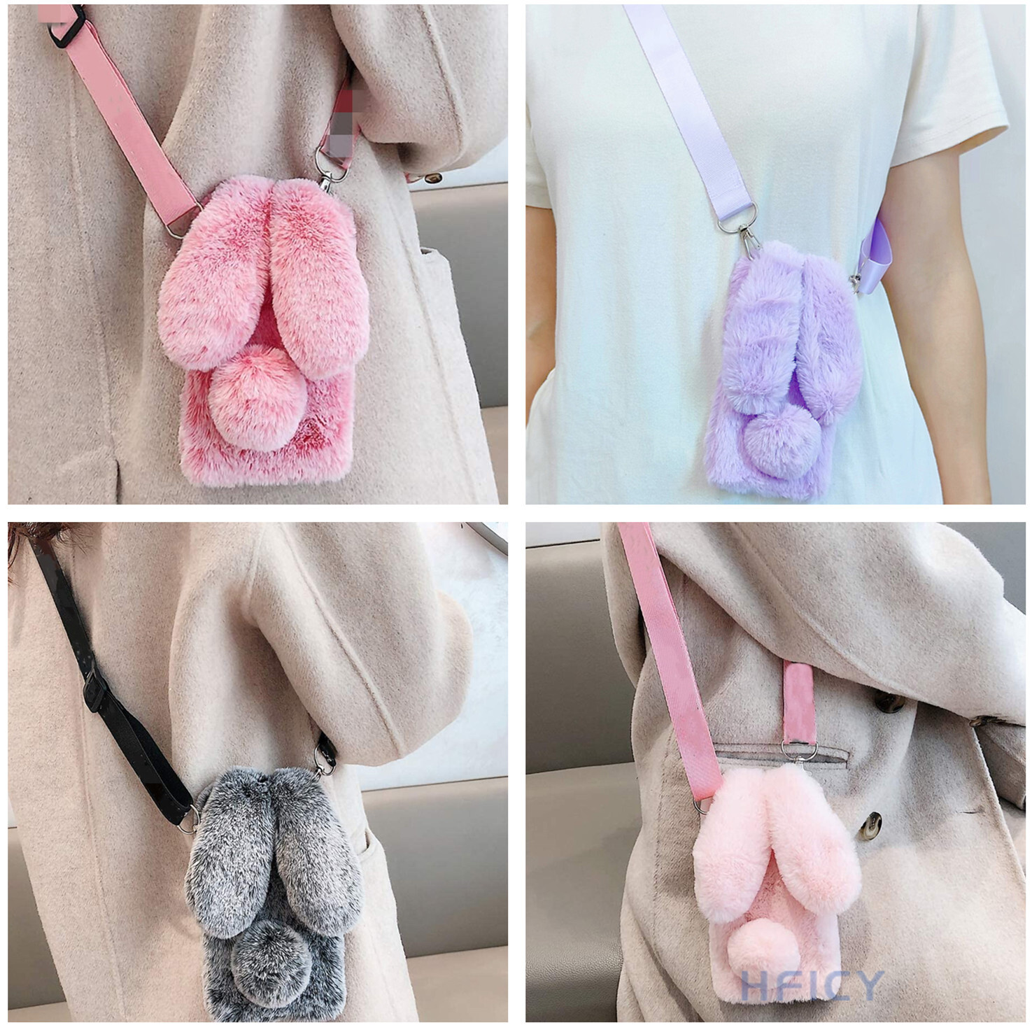 Faux Fluffy Plush Bunny Shockproof Warm Phone Case W/ Lanyard for Samsung Galaxy