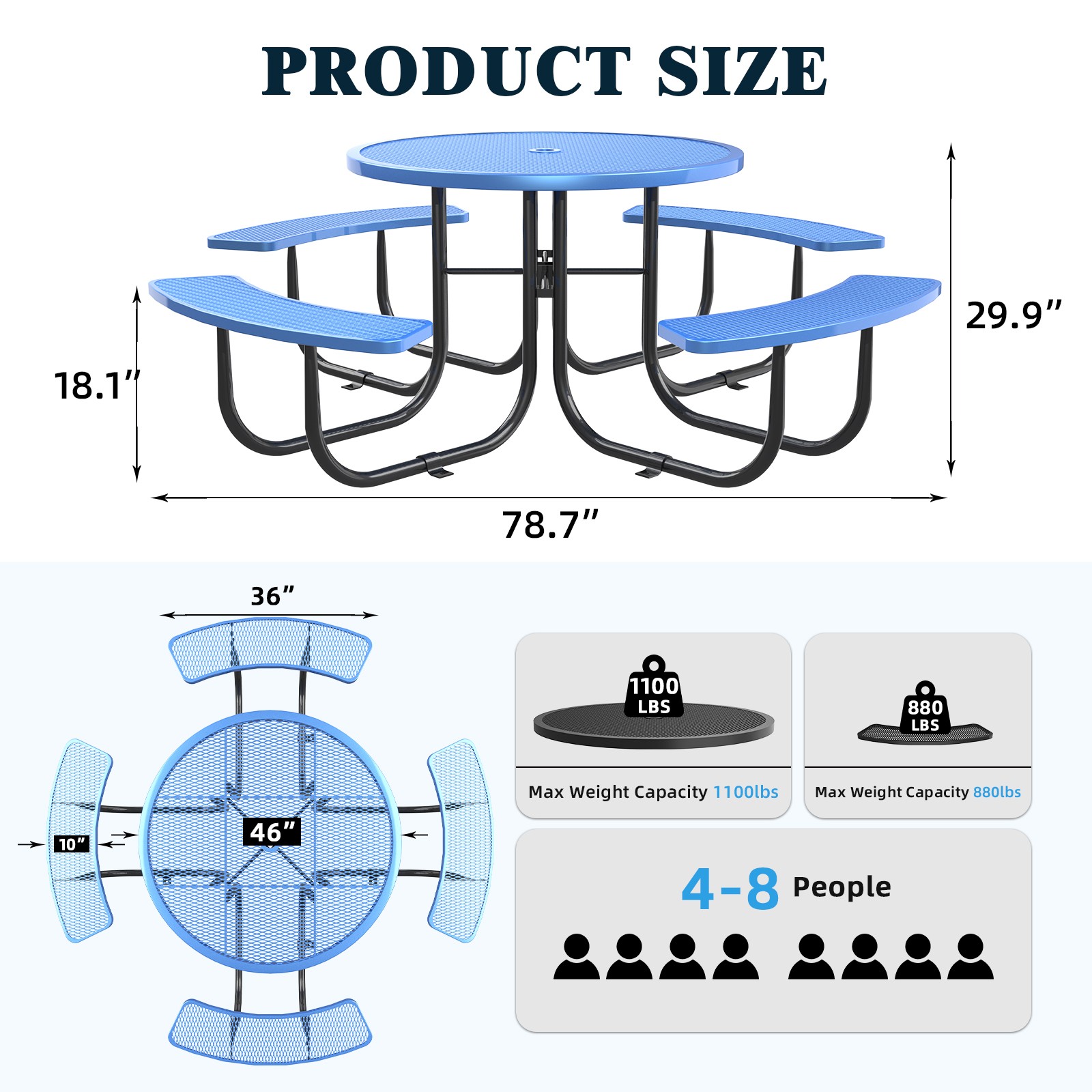 Blue Round Patio Table & Chair Set with Umbrella Hole