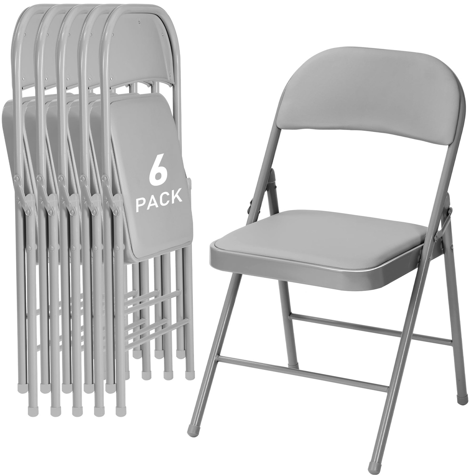 6 Pack Grey Padded Folding Chairs Steel Frame Portable Stackable Indoor Outdoor