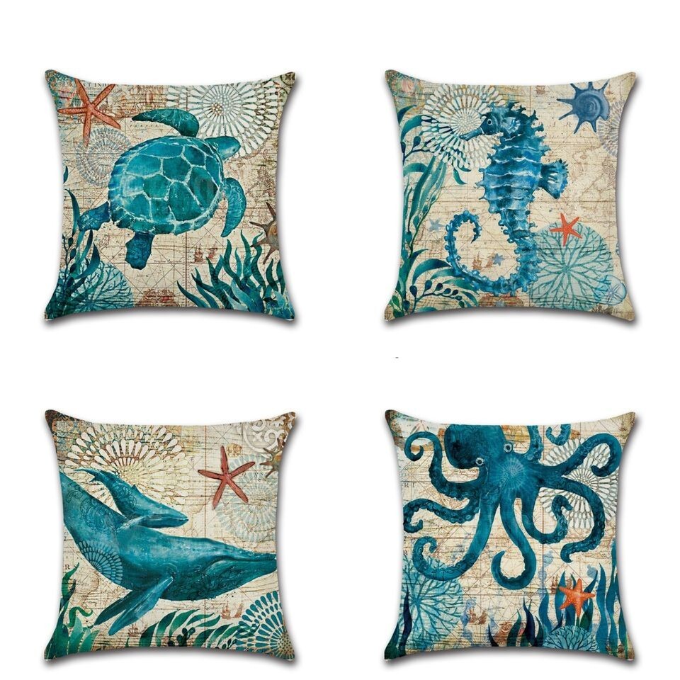 Marine Life Linen Throw Pillow Covers 18x18 Inch Set of 4 Home Decorations gift