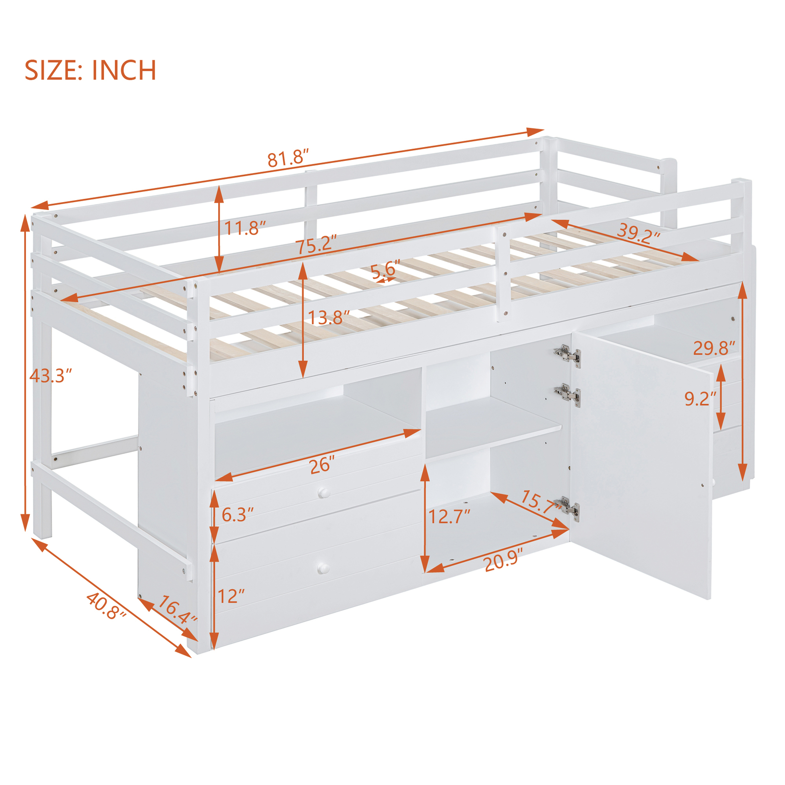 Twin Size Bed Frame Wood Loft Bed w/4 Drawers, Underneath Cabinet & Shelves