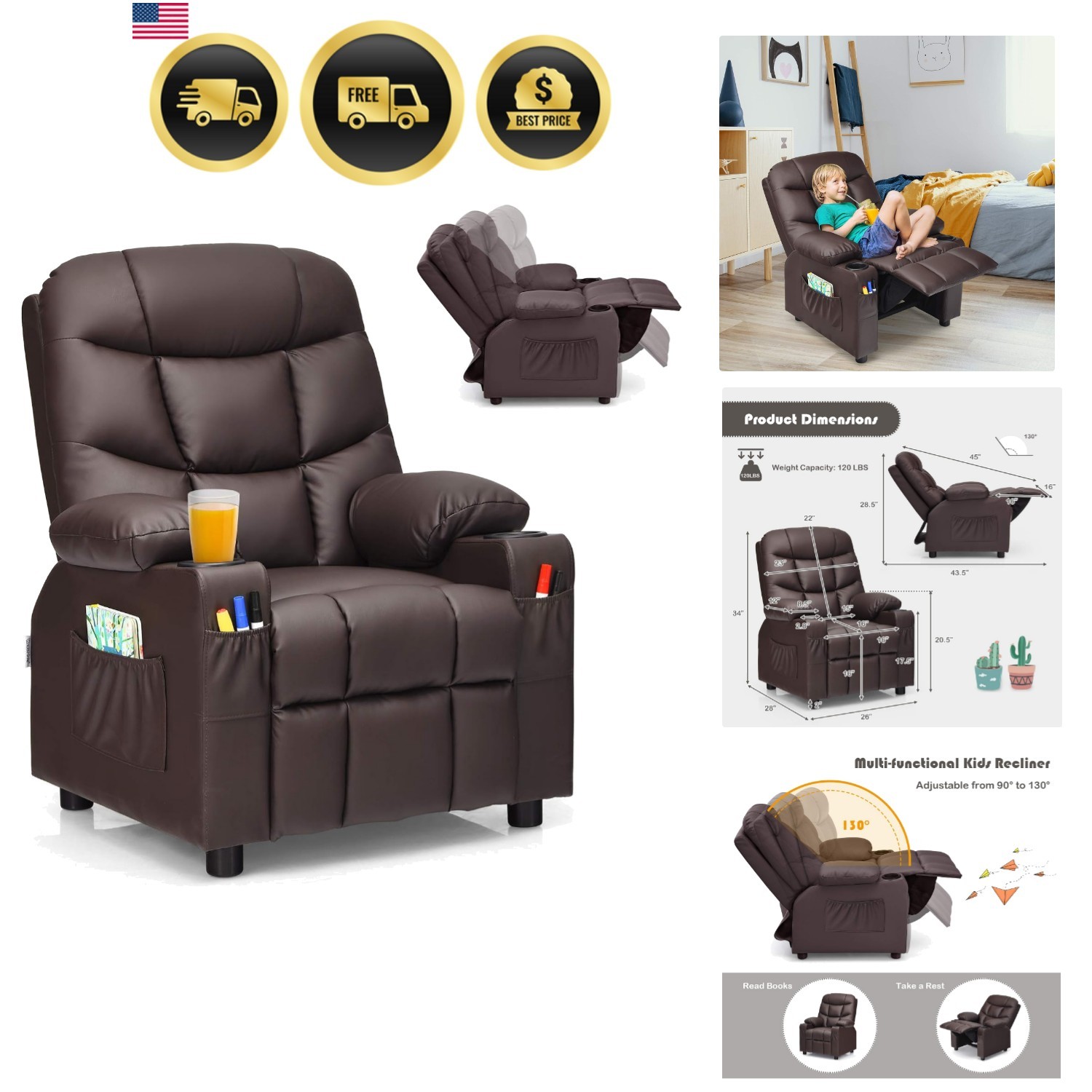 Kids Recliner Chair with Cup Holder, Adjustable Leather Lounge Chair w/Footre...