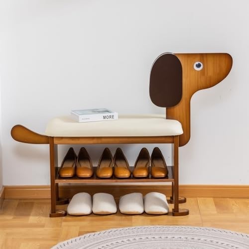 2-Tier Solid Wood Puppy Shoe Bench Entryway Organizer Cushioned Seat 300 lb