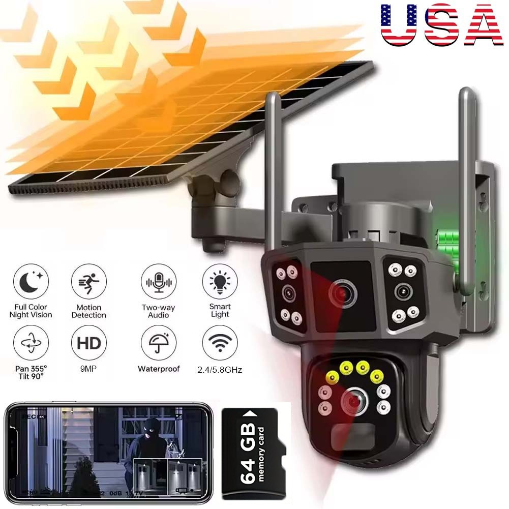 9MP WiFi Three Lens Solar Camera Outdoor AI Tracking Surveillance with 64G Card