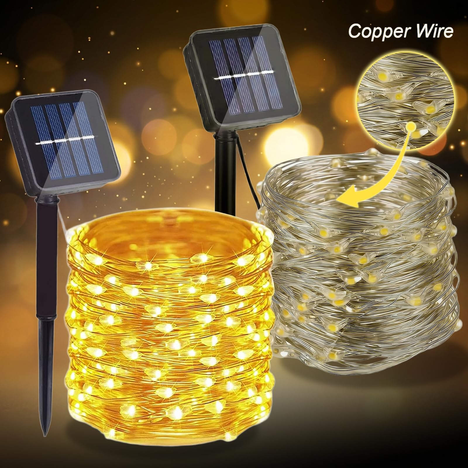 DAYLIGHTIR 2 Pack Total 200 LED 66FT Solar Powered Copper Wire String Lights ...