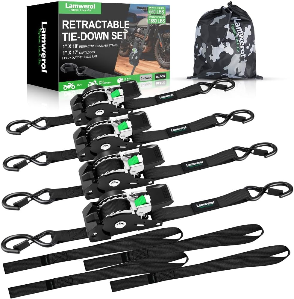 Retractable Ratchet Straps (4-Pack) 1 Inch X 10 Feet (1650Lb Break Strength)  He