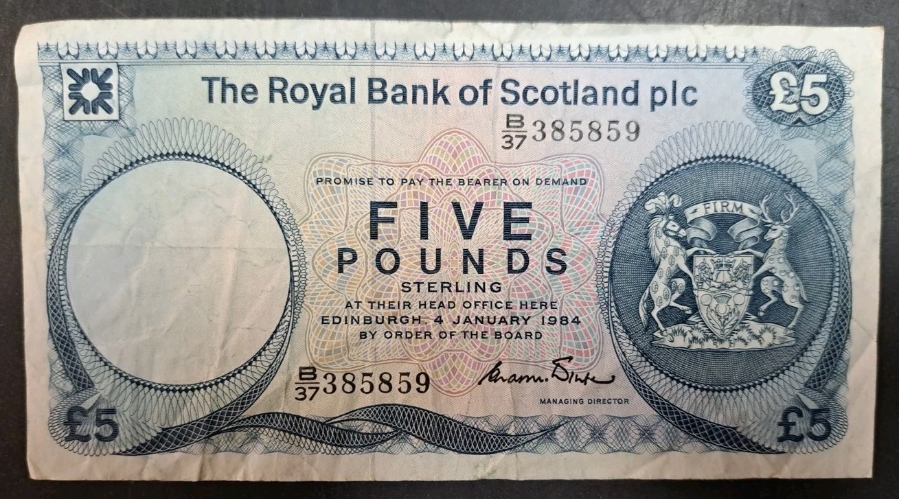 1984 Scotland, Royal Bank 5 Pounds P342b, B37-385859.