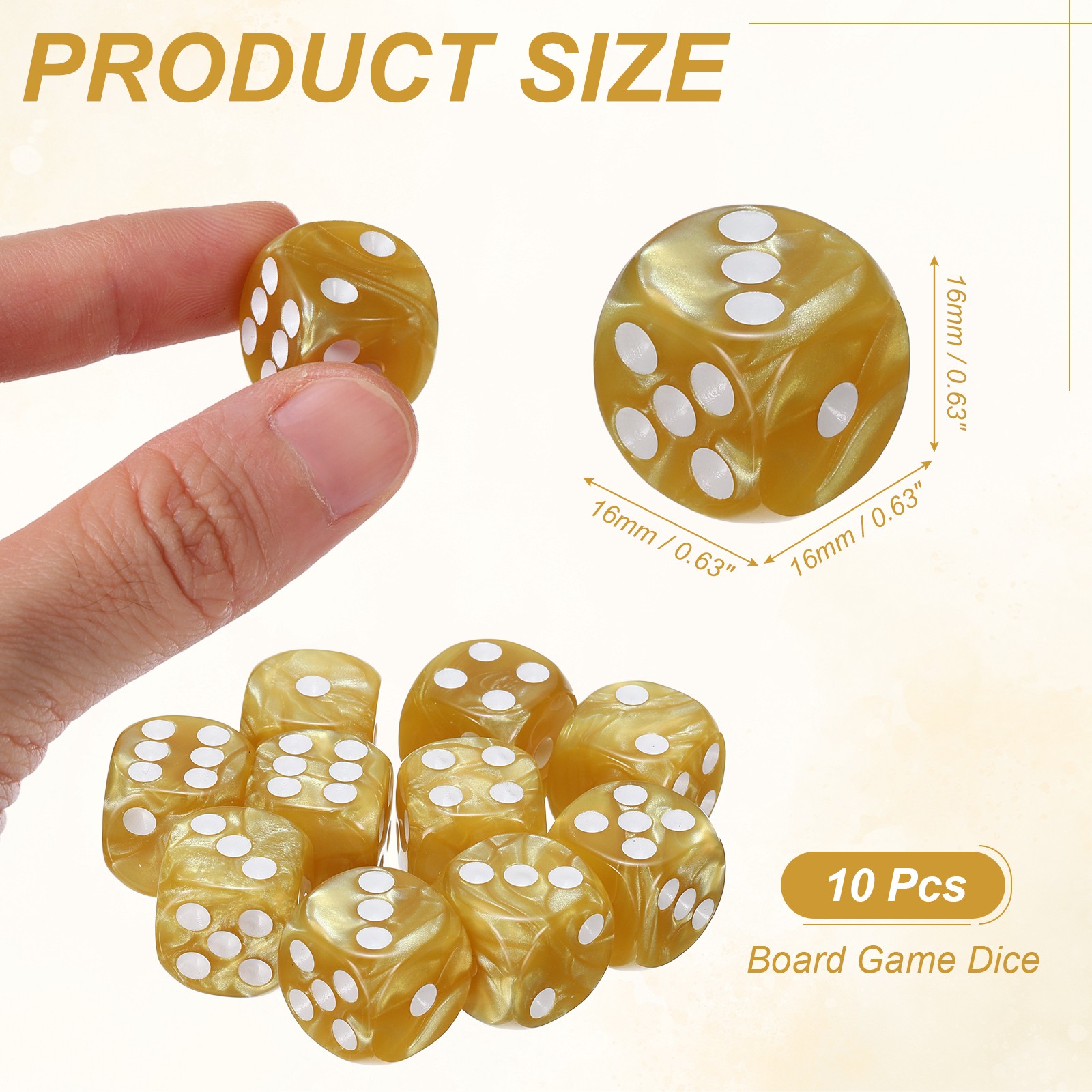 10Pcs Standard Game Dice Set 16mm Pearl Pattern Square Dice, Gold