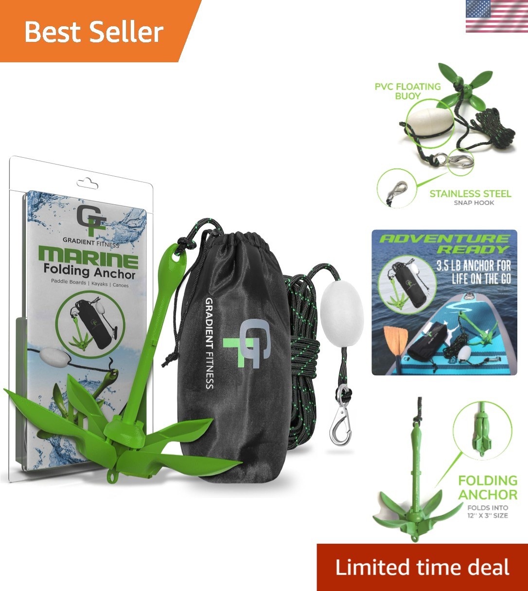Kayak Anchor Kit - 3.5 lb, Green - Folding Grapnel Anchor with 25 ft Rope | b...