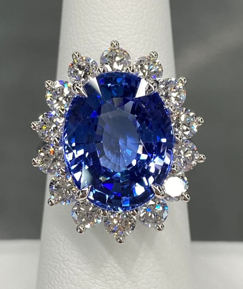 7Ct Oval Cut Natural Sapphire Diamond Wedding Ring 14K White Gold Size 6.5 7 8