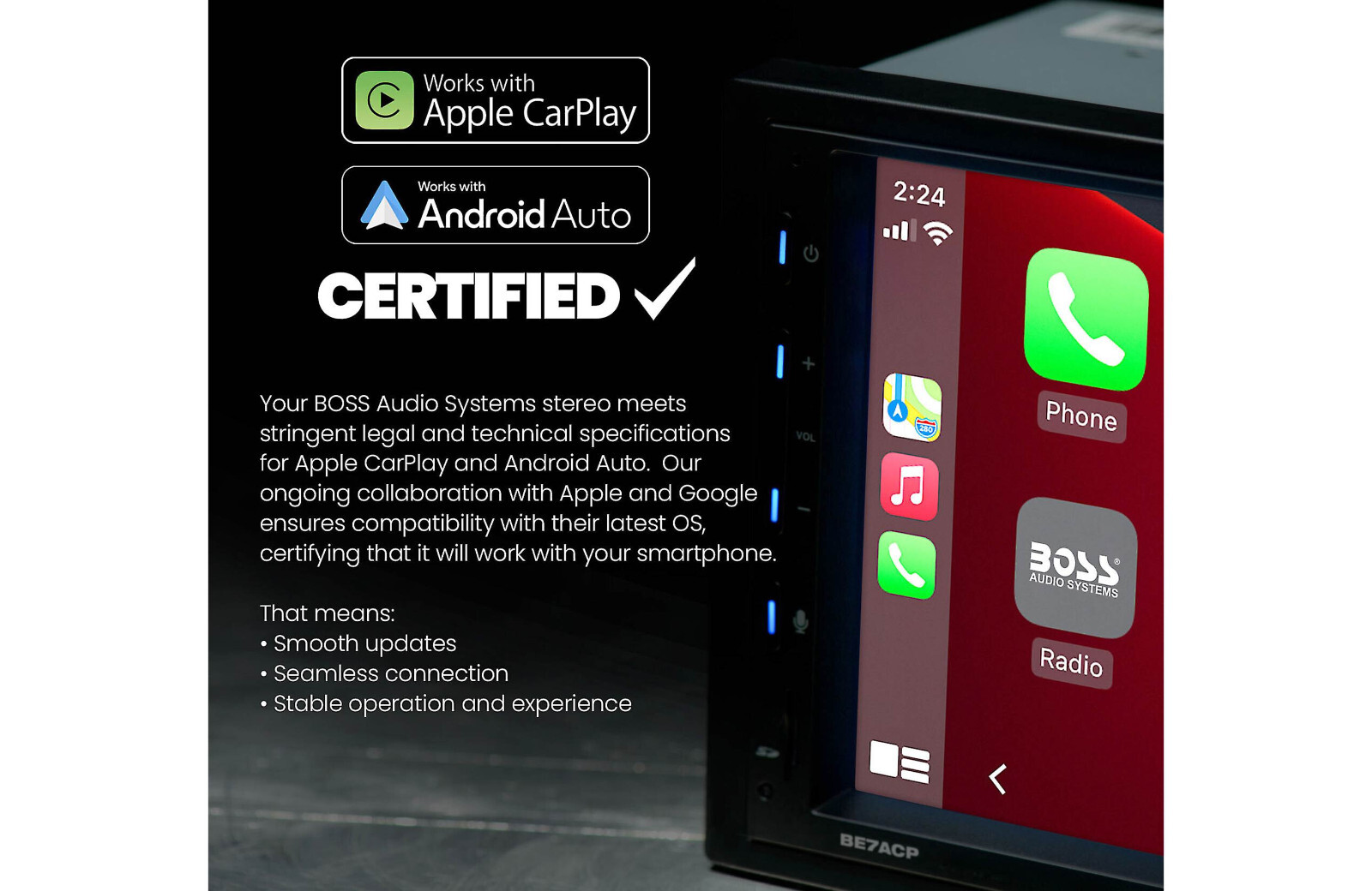 BOSS BE12ACP.WX 2-DIN 12" Receiver Wireless Apple Carplay/Android Auto SiriusXM