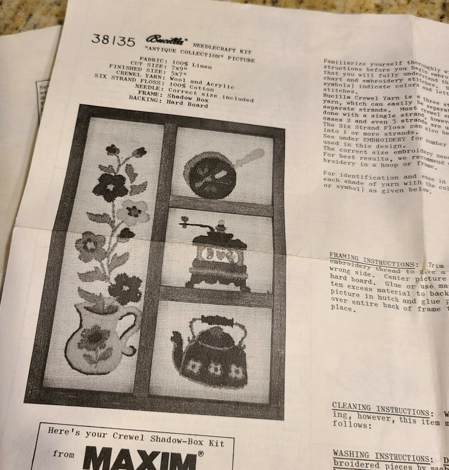 Bucilla Maxim Shadow Box Pattern Needlepoint. Grains Flowers Stove Kettle