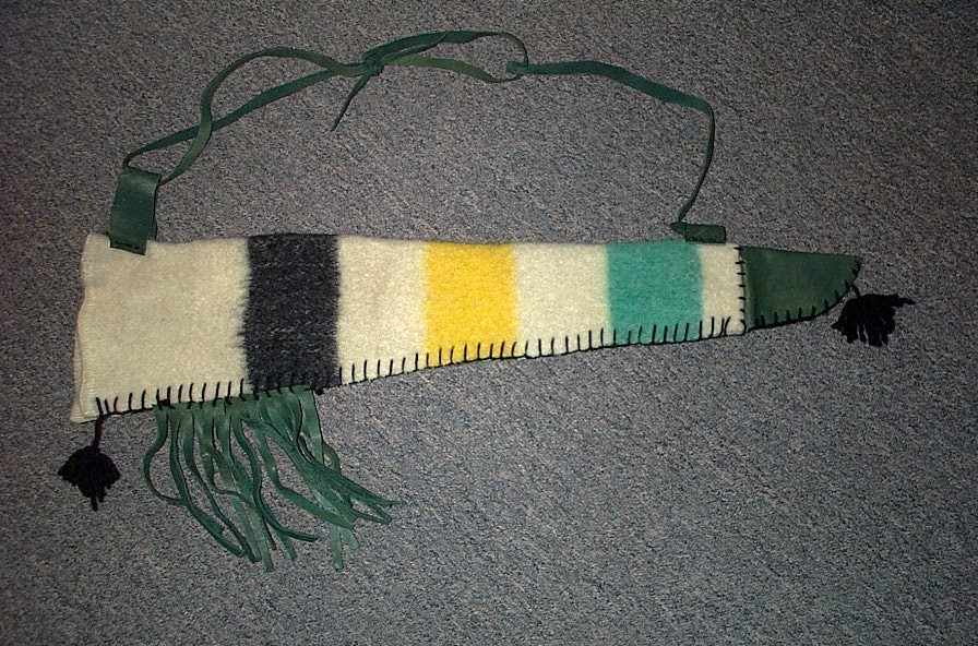 PRIMITIVE ARCHER,  HAND SEWN, WOOL ARROW QUIVER 25"