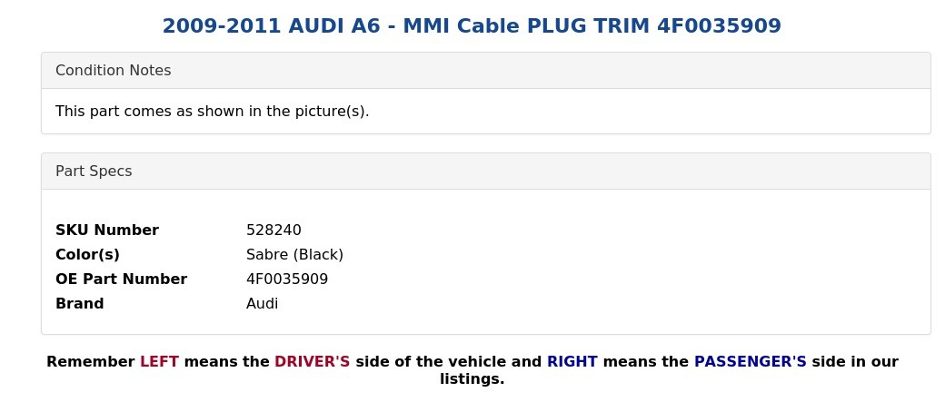 2009-2011 AUDI A6 - MMI Cable PLUG TRIM 4F0035909