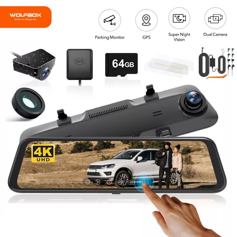 WOLFBOX 4K Mirror Dash Cam&Anti-Glare Film Hardwire Kit,Polarizing Lens &SD Card