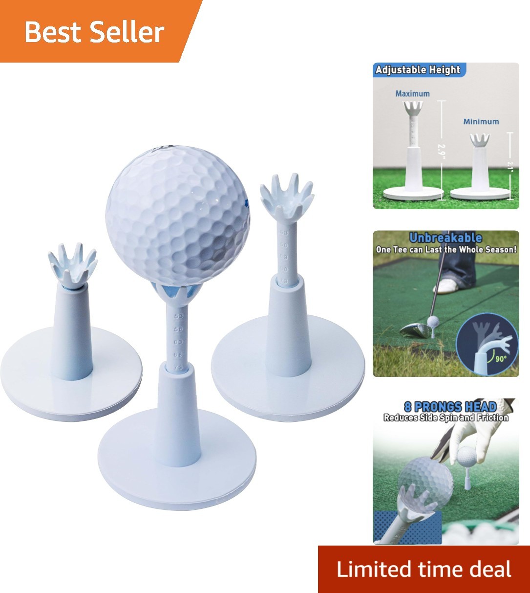 3-Pack Adjustable Golf Tees - Durable, Unbreakable Design for Consistent Swings