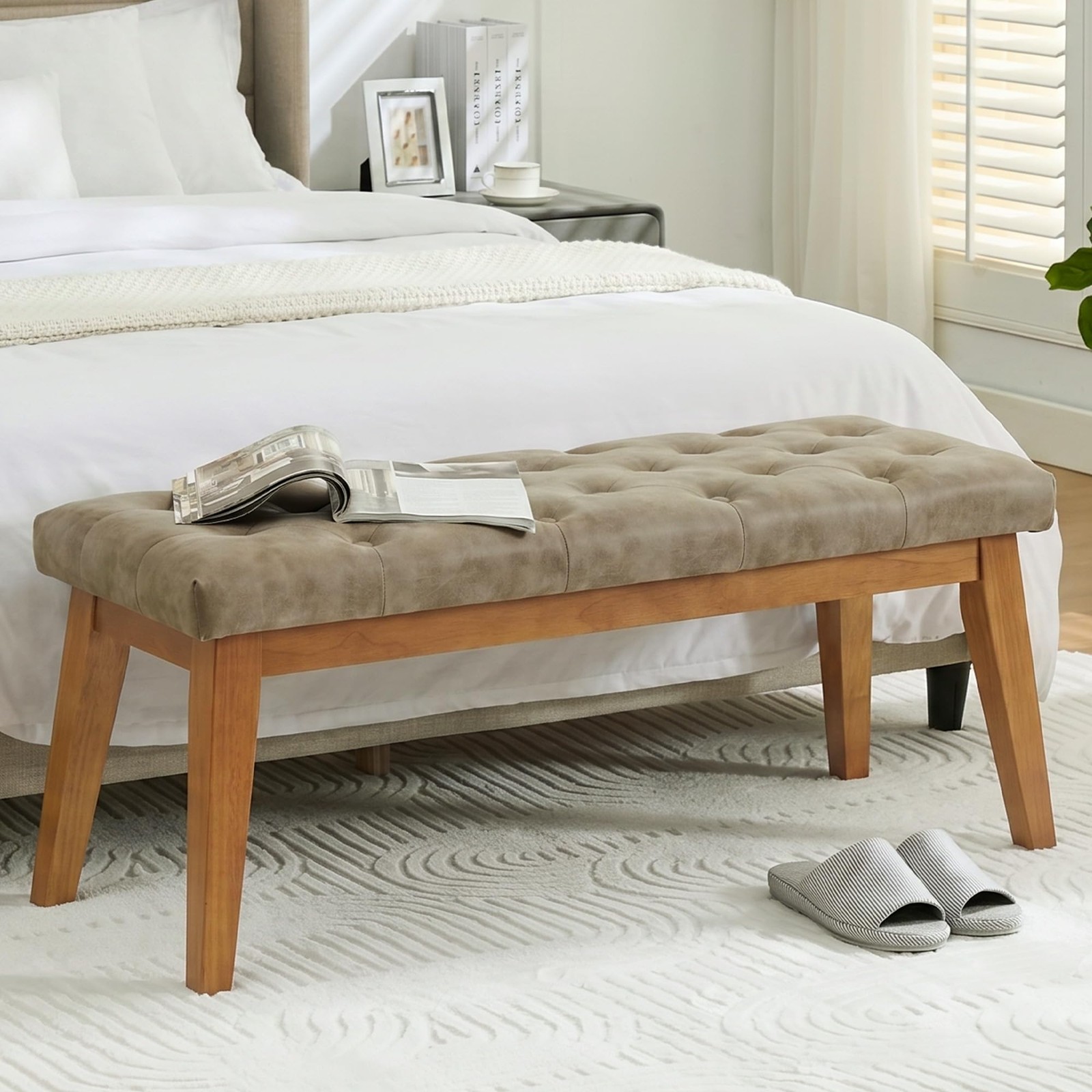 43.5" Button Tufted Faux Leather End of Bed Entryway Bench, Light Taupe