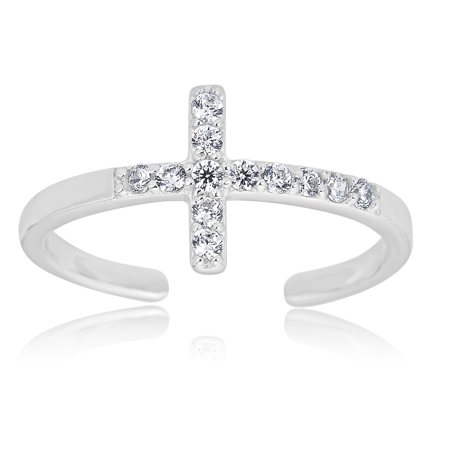 AVORA 925 Sterling Silver Adjustable Sideways Cross Toe Ring with Cubic Zirconia