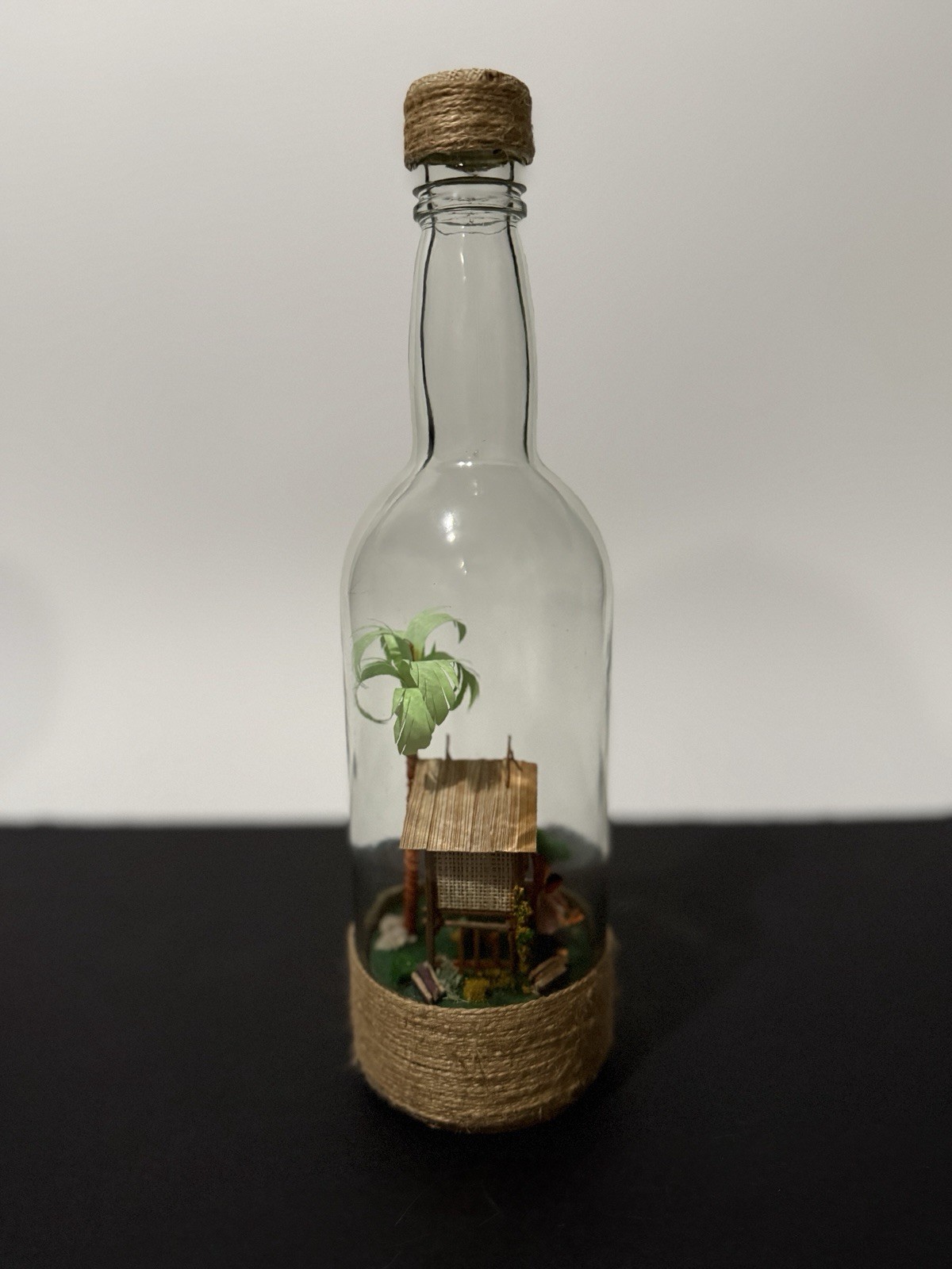 Vintage Handmade Philippines Diorama in Glass Bottle Detailed Tropical Hut Scene