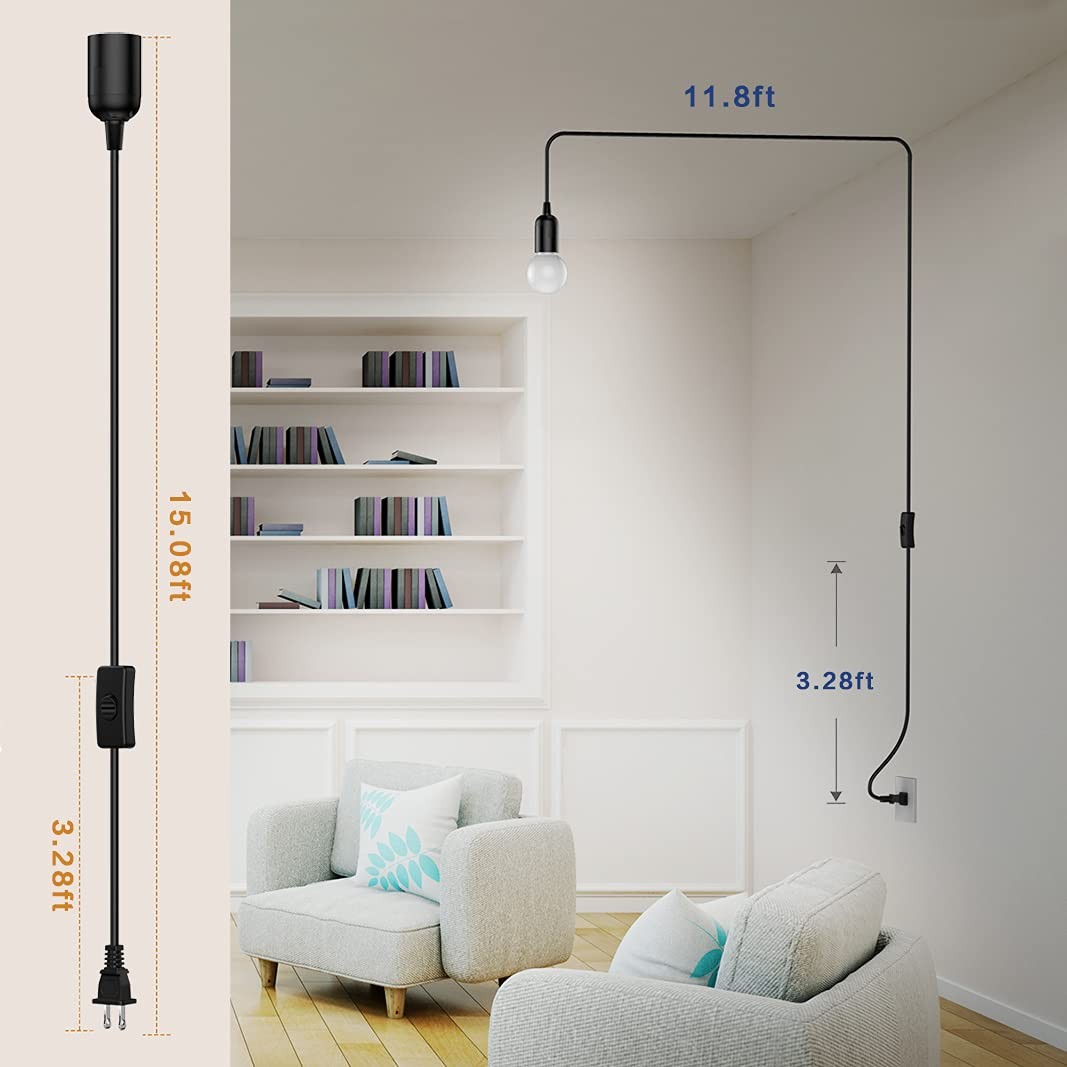 2pack Hanging Light Cord15 Ft Plug In Pendant Light Cord With On/off Switch E26