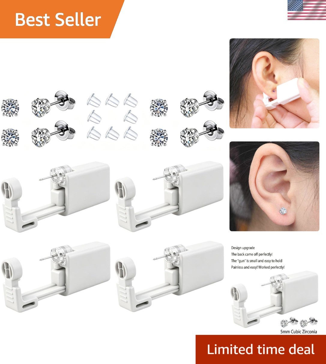 Luxury Ear Piercing Kit: Silver Disposable Gun & Sparkling CZ Studs - 12 Pieces