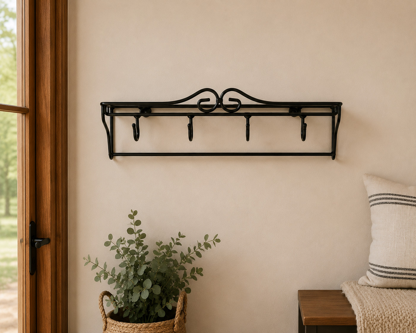 Wrought Iron Wall Mounted Shelf - 4 Hooks and Towel Bar- Amish Made