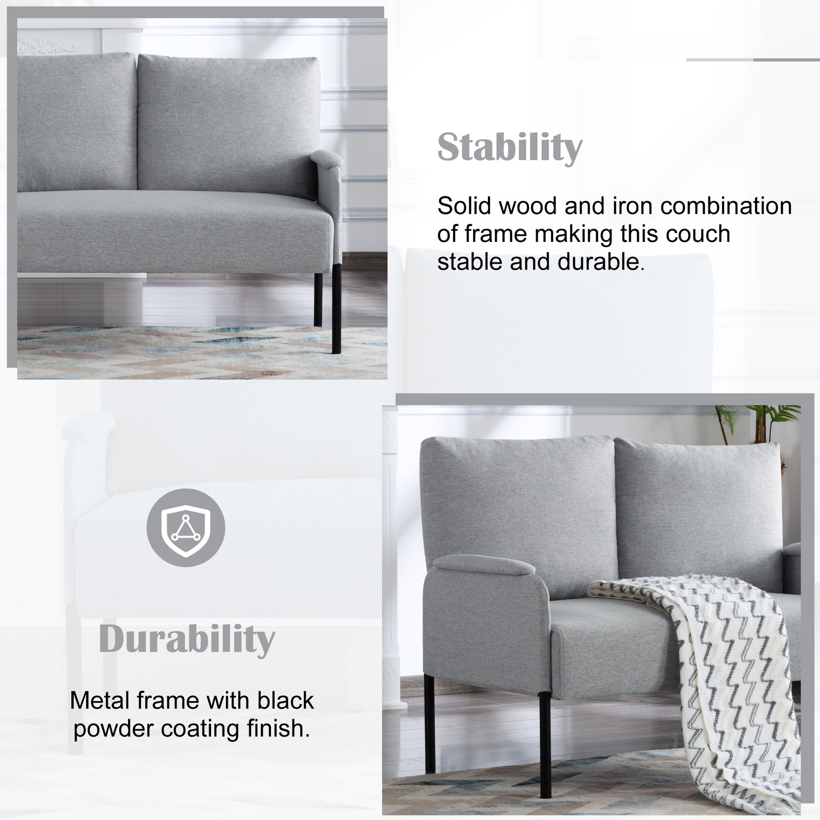 45.7" Metal Frame Loveseat 2-Seat Linen Blend Sinuous Spring Removable Cushions