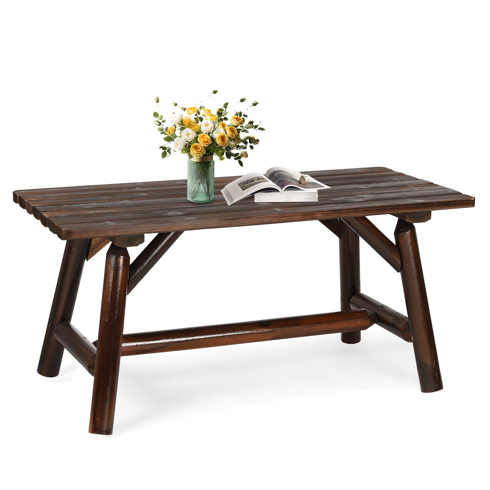 Outdoor Log End Table Coffee Table with Slat Tabletop Rustic Wooden Side Table