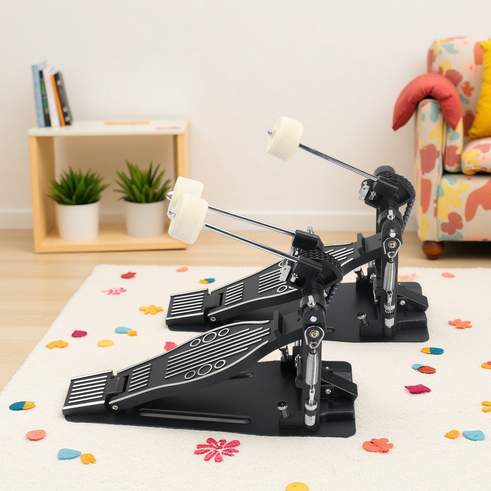 Double Bass Drum Pedal Set - Double Chain Drive, Non-Slip, Heavy Duty & Black
