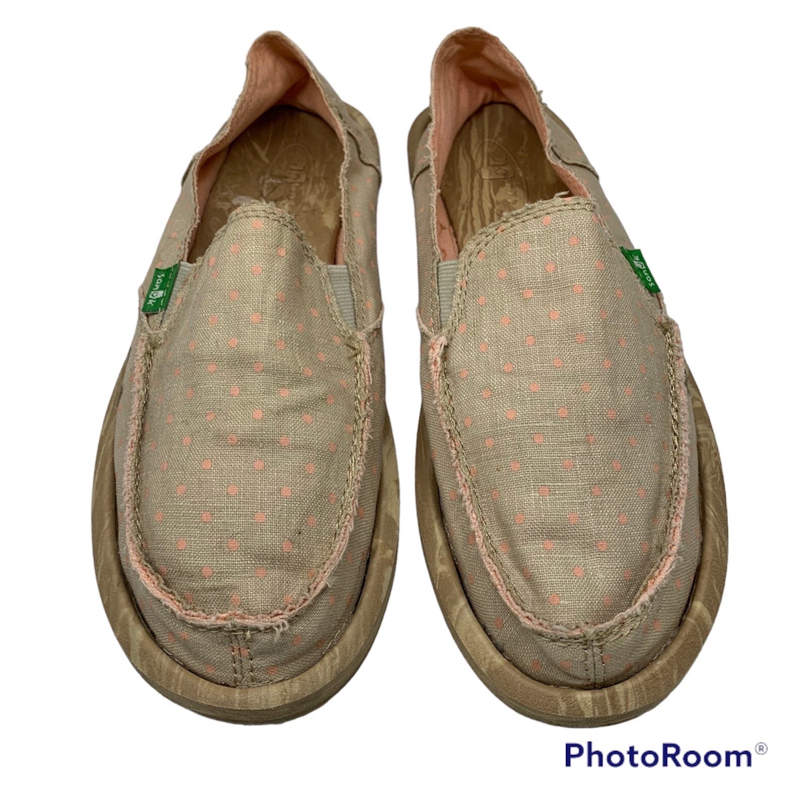 Sanuk Sidewalk Surfer Loafers Flats Beige Pink Polka Dots Canvas Women Size 7