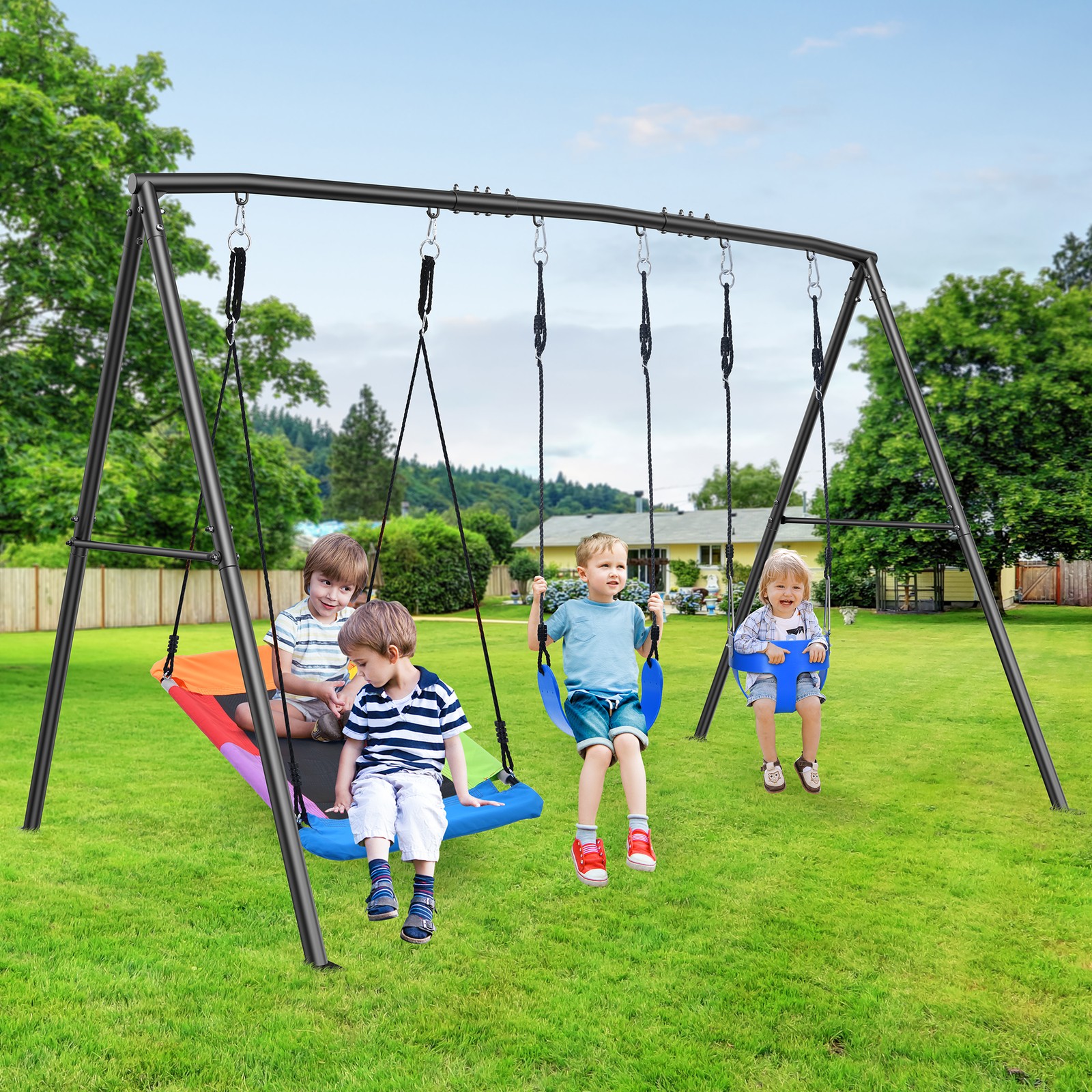 440lbs Metal Swing Set with 3 Seats Heavy Duty Frame Kids Playset Adult Swing
