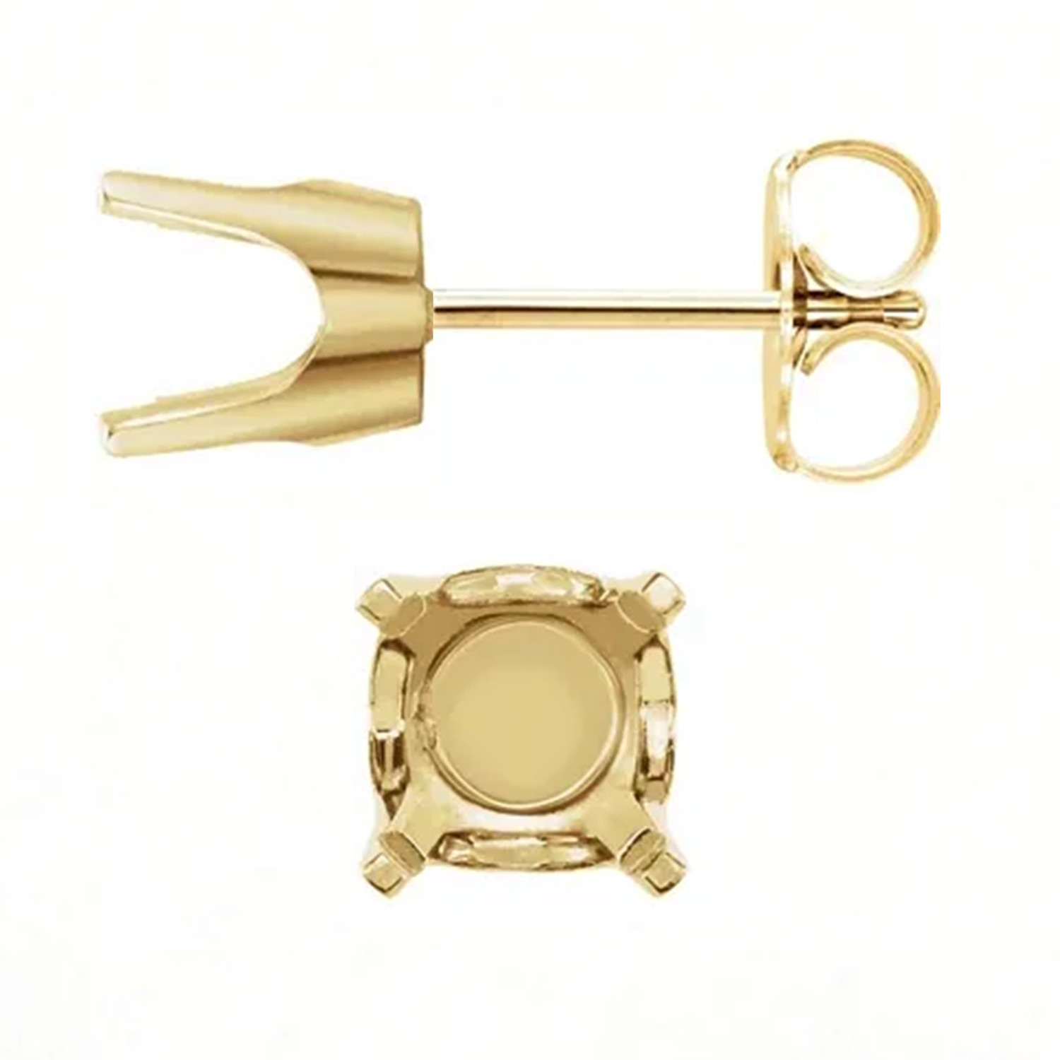 14K Yellow Gold Pre-Notched Earring Mountings Round Cut Solid Base Friction Back