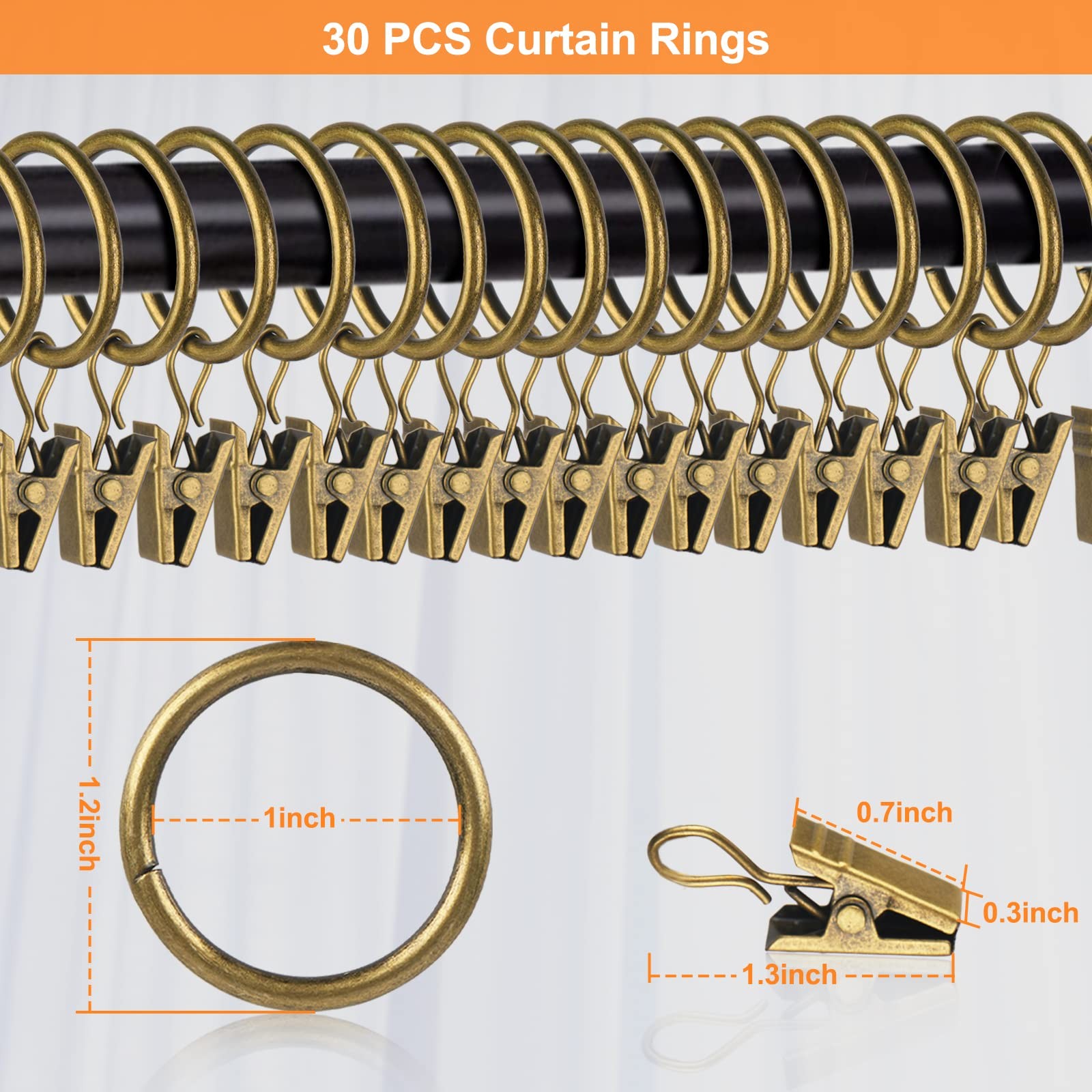 30 PCS Antique Brass Clips Curtain Hooks 1-Inch Inner Diameter,