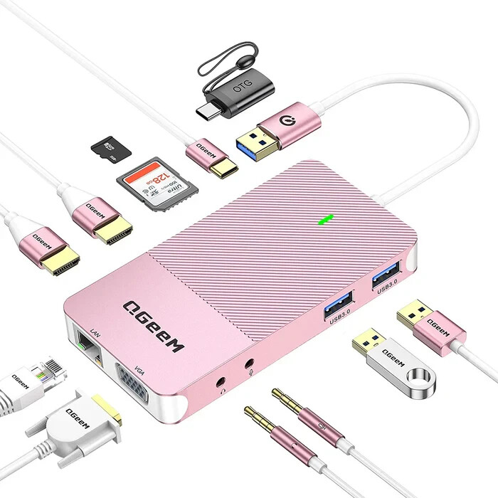 Qgeem 11 in 1 Mini USB Dock, USB 3.0 Docking Station, Triple Display USB Hub
