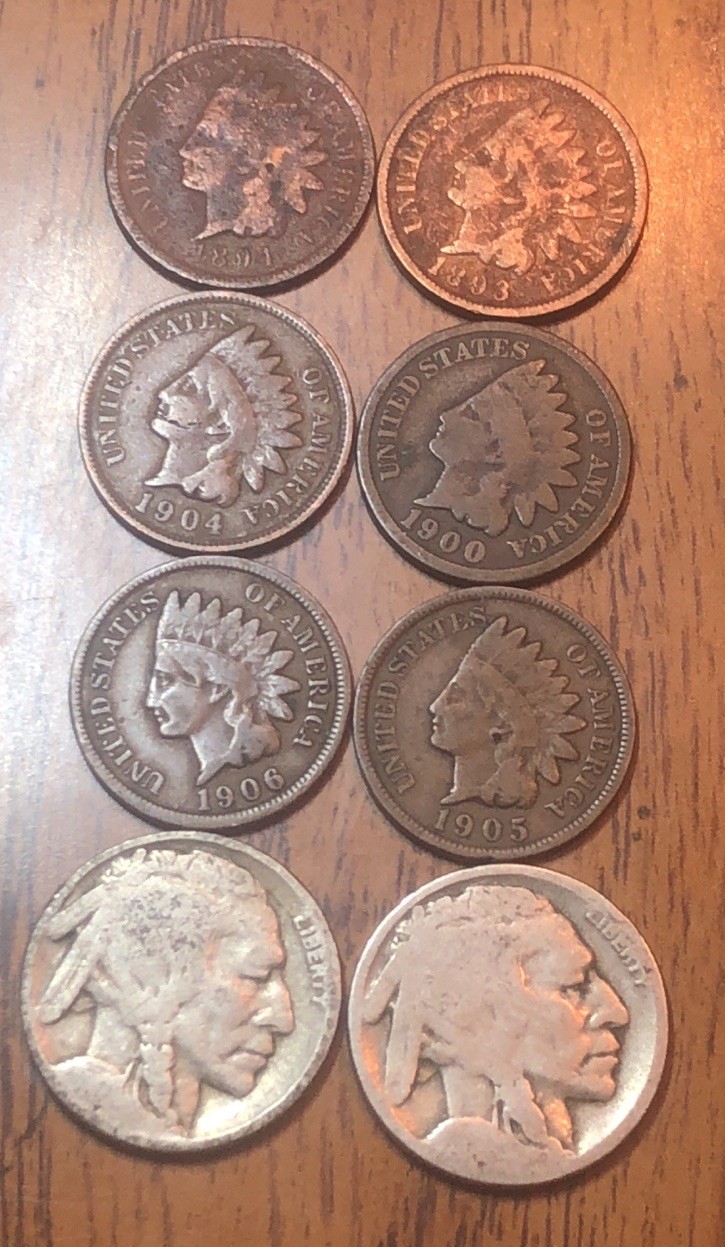 Indian Head 1891,1893,1904,1900,06,05 & 2-Buffalo Nicke Get (8) Exact Coins N217